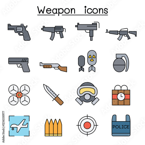 Gun & Weapon icon set in thin line style