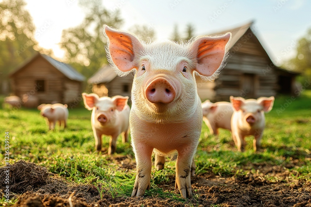 Piglets on farm at sunset Piglets on farm at sunset