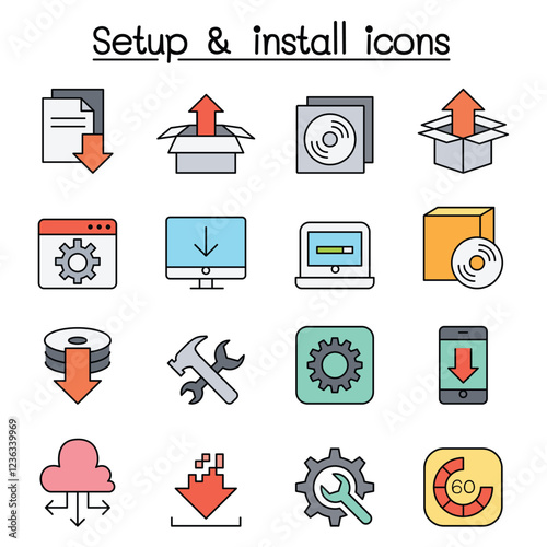 Setup , configuration, maintenance & Installation icon set in thin line style