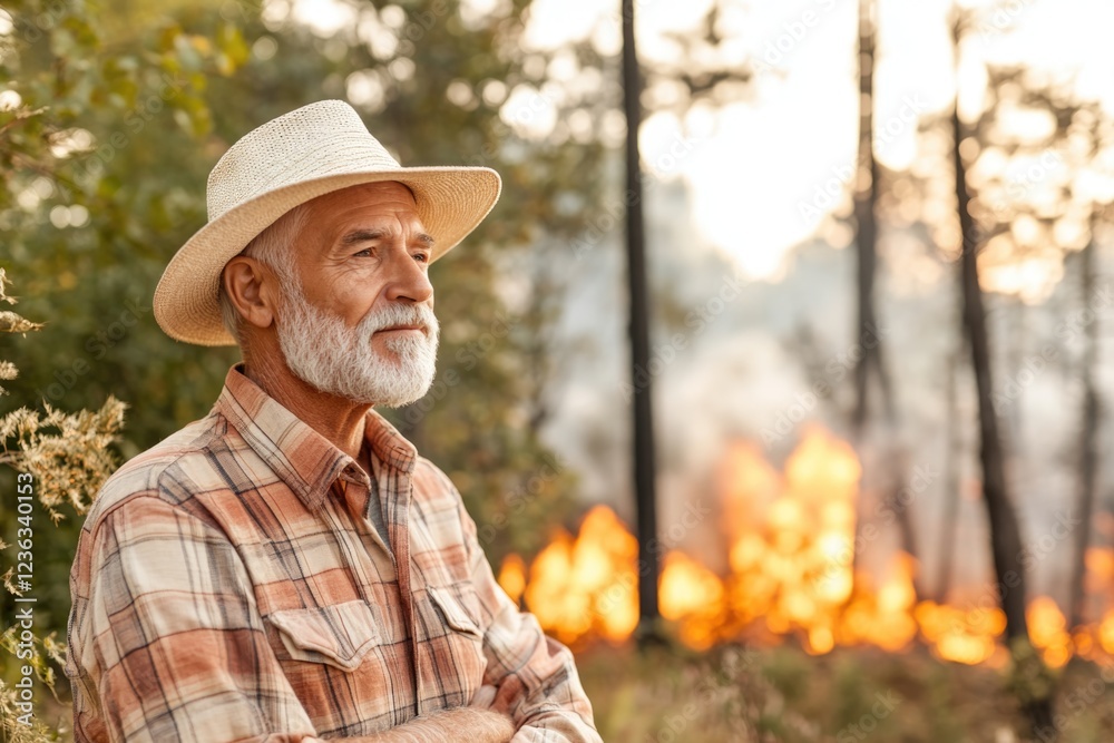 Elderly Man Reflects on Wildfires Consuming Forest With Smoke Clouds at Sunset Elderly Man Reflects on Wildfires Consuming Forest With Smoke Clouds at Sunset