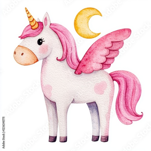 Adorable Watercolor Pegasus Unicorn with Pink Mane Wings and Tail under Crescent Moon photo