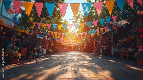 Festive street market, colorful flags, sunlit cobblestones, bustling background photo