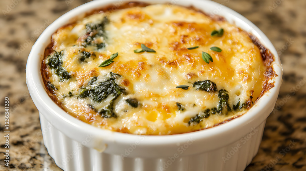 Baked eggs with spinach and feta cheese, served with a side of whole grain toast. Baked eggs with spinach and feta cheese, served with a side of whole grain toast.