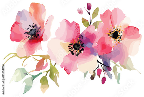 Watercolor floral composition for wrapping paper, fabric, and textile, with a manual design ideal for creating artistic covers and adding a touch of creativity to various projects.