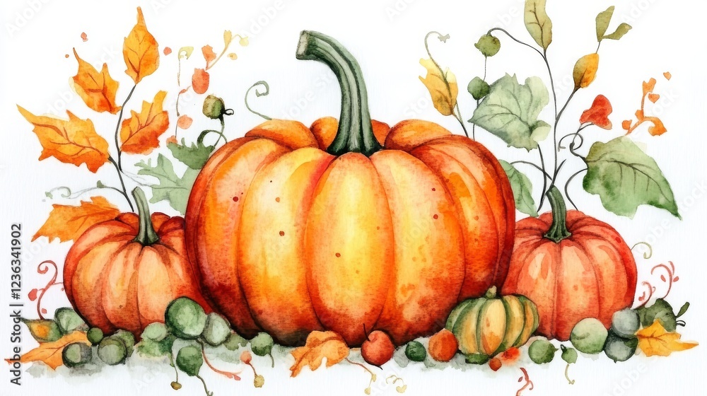 Watercolor autumn composition with pumpkins and leaves. Watercolor autumn composition with pumpkins and leaves.