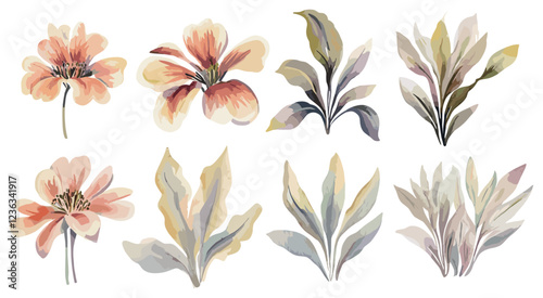 Big Set of Watercolor Elements for Manual Composition, Featuring Detailed Watercolor Flowers Illustrations with Creative Artistic Techniques