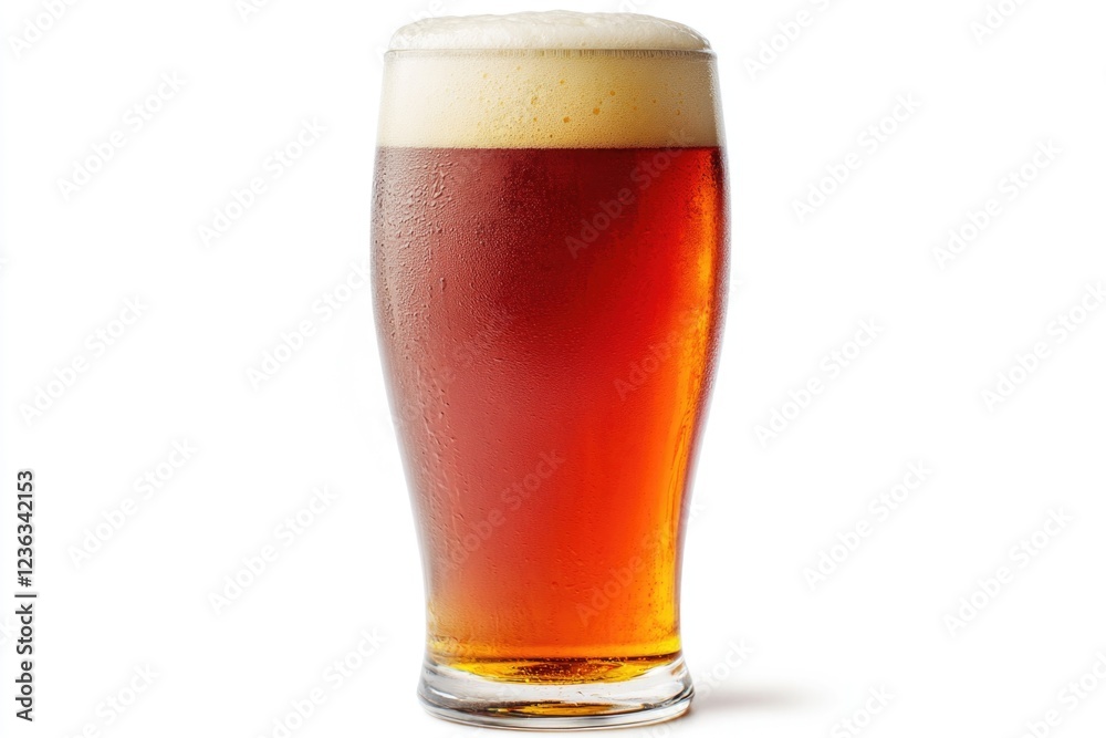 Golden amber beer with frothy head, served in clear glass on table. Golden amber beer with frothy head, served in clear glass on table.