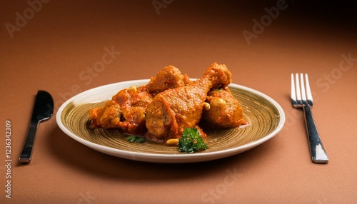 muamba chicken food on plate, isolated brown background, copy space photo