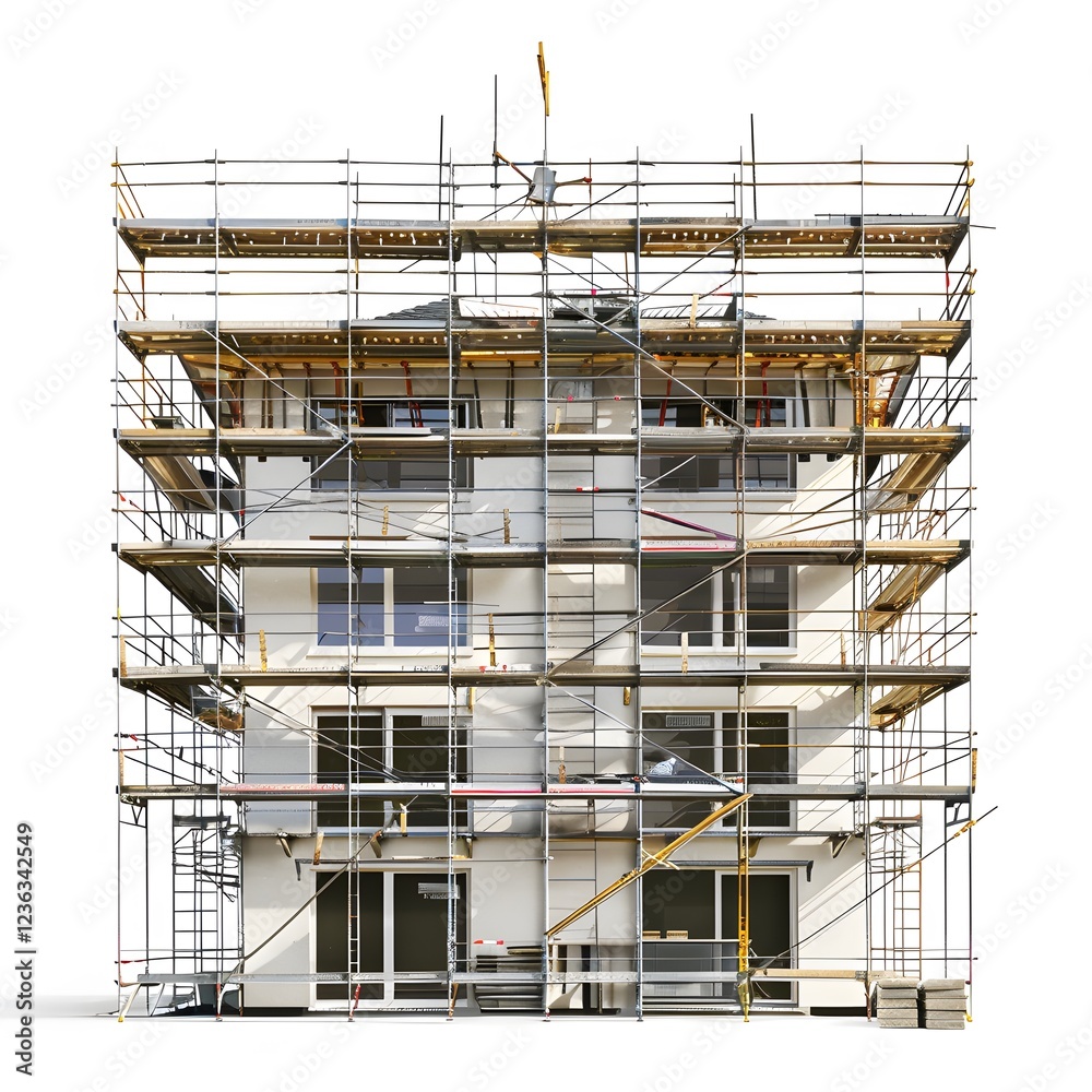 Modern Building Facade Under Renovation with Scaffolding Structure Modern Building Facade Under Renovation with Scaffolding Structure