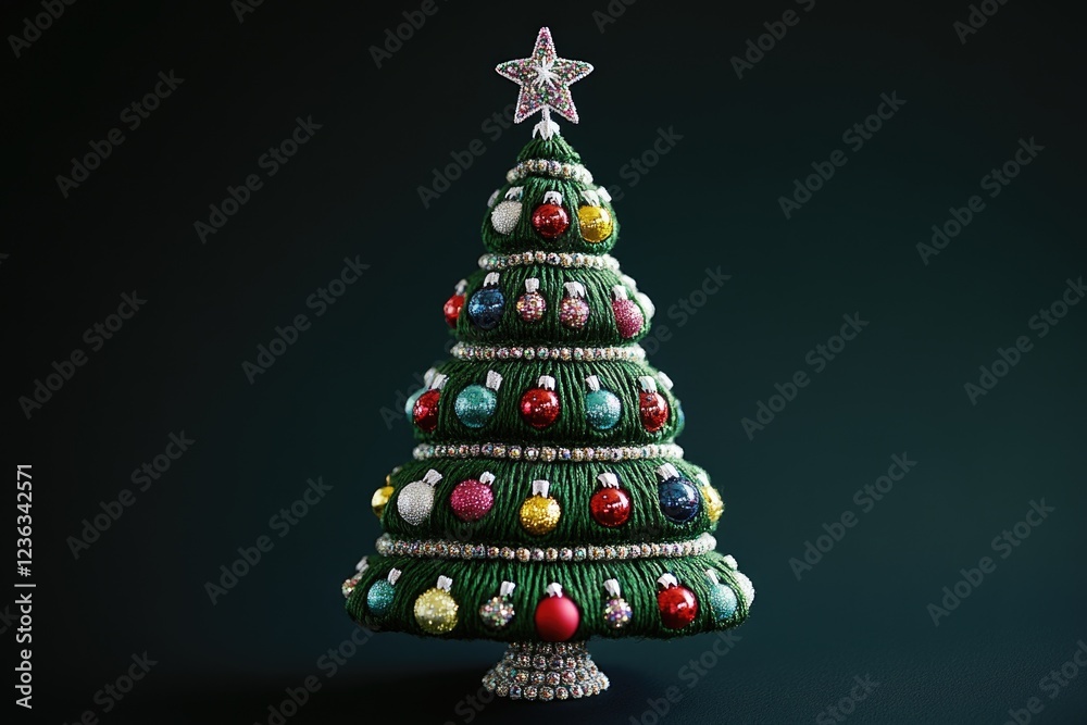Glittery ornamentation on a green Christmas tree. Handcrafted and intricate, this festive decoration captures the spirit of holiday celebration.