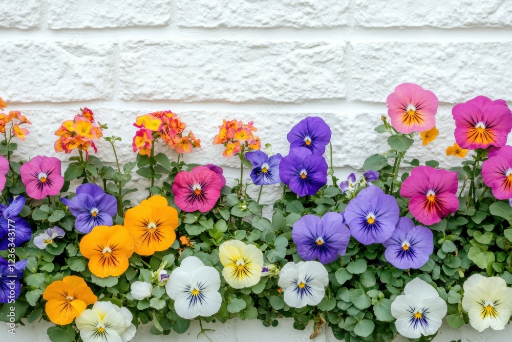 Fototapeta premium Colorful Pansies Against White Brick Wall