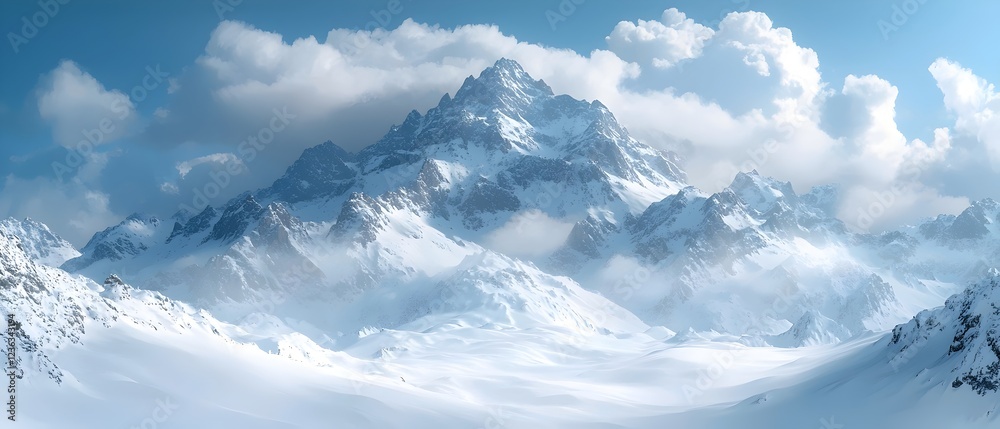 Obraz premium A breathtaking view of snow-covered mountains under a clear blue sky, showcasing majestic peaks and a serene winter landscape. The scene evokes a sense of tranquility and adventure.