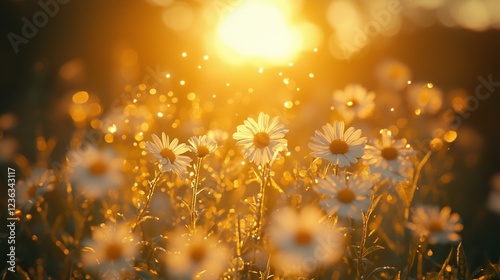 A creative portrayal of sunlight highlighting tiny flowers in a meadow  photo
