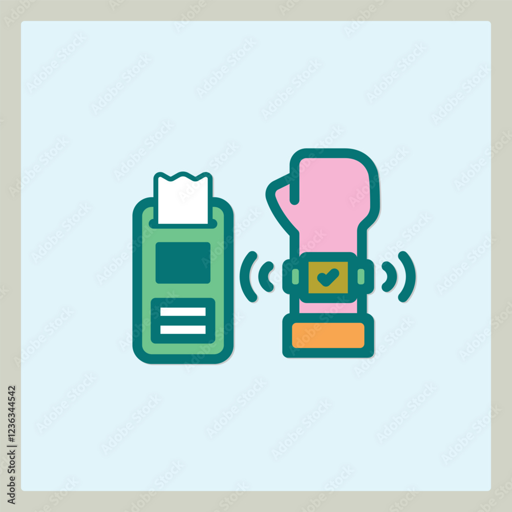 Icon representing contactless payment using a smartwatch with a checkmark and a payment terminal