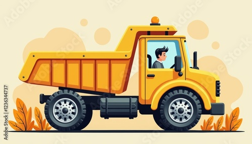 Happy child driving yellow truck in bright autumn landscape, joy of play