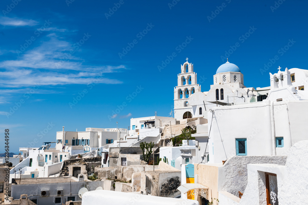 White cycladic architecture in Pyrgos village, Santorini island, Greece