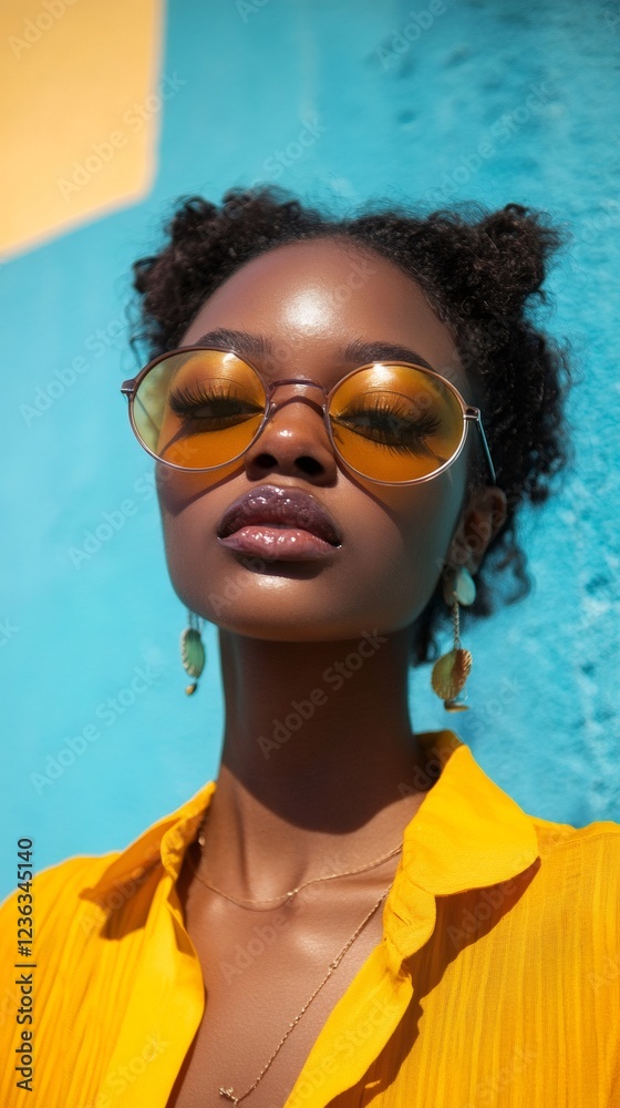 Fashion model posing with yellow sunglasses and shirt against colorful wall Fashion model posing with yellow sunglasses and shirt against colorful wall