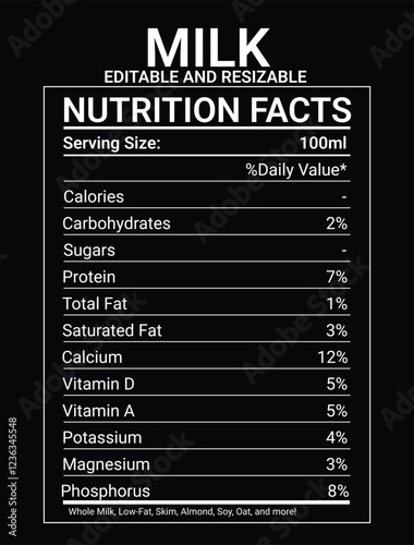 Nutrition facts Milk , Nutrition facts label Vector illustration isolated on white background.