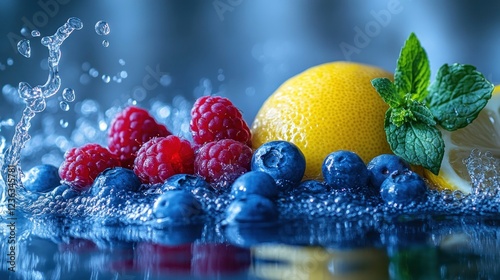 Fresh berries and lemon in water splash, studio shot photo