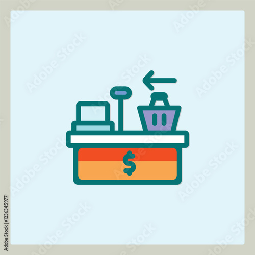 Icon representing checkout process with shopping basket and dollar symbol at cashier