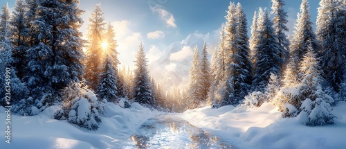 A serene winter landscape featuring tall evergreen trees blanketed in snow, a glistening frozen stream, and sunlight breaking through the clouds, creating a magical atmosphere.