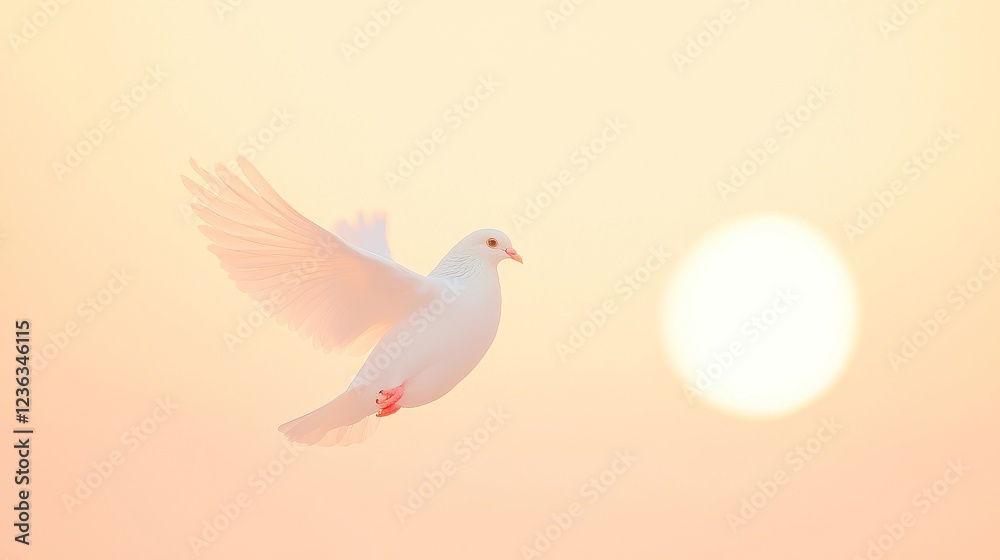 Fototapeta premium Dove in Flight at Golden Sunset, a serene scene depicting a dove gliding through vibrant hues of orange and gold, embodying themes of peace, hope, and new beginnings.