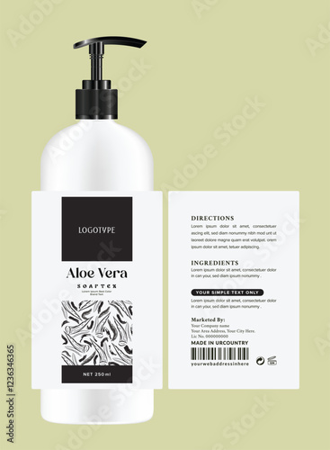 Minimalist Aloe vera shampoo label design, elegant typography and botanical patterns, organic natural black-white beauty packaging. Eco-friendly cosmetic branding, with modern and editable.