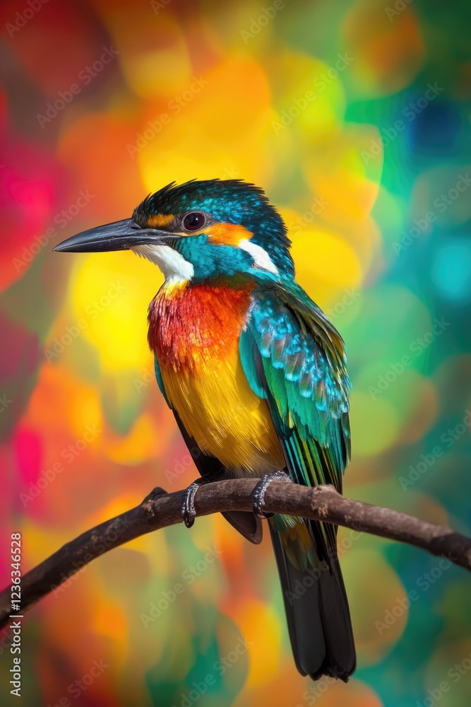 Obraz premium A blue, yellow and orange hummingbird perched on a branch with blurred rainbow colors in the background.