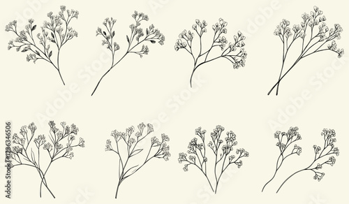 Limonium and baby's breath plant logo with elegant monogram and hand-drawn leaves for wedding save the date and invitation card