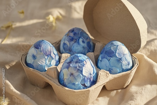 Three hand-painted Easter eggs with intricate flower designs, made from paper mache and natural dyes. Great for spring decoration or DIY crafts. photo