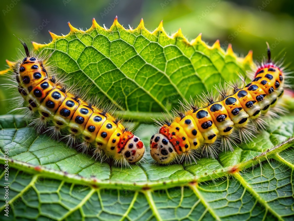 Fototapeta premium Close-Up: Caterpillars of Winter Moth (Operophtera brumata) on Leaf