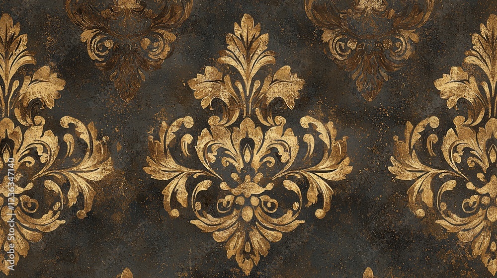 Dark gold damask pattern on textured background. Dark gold damask pattern on textured background.