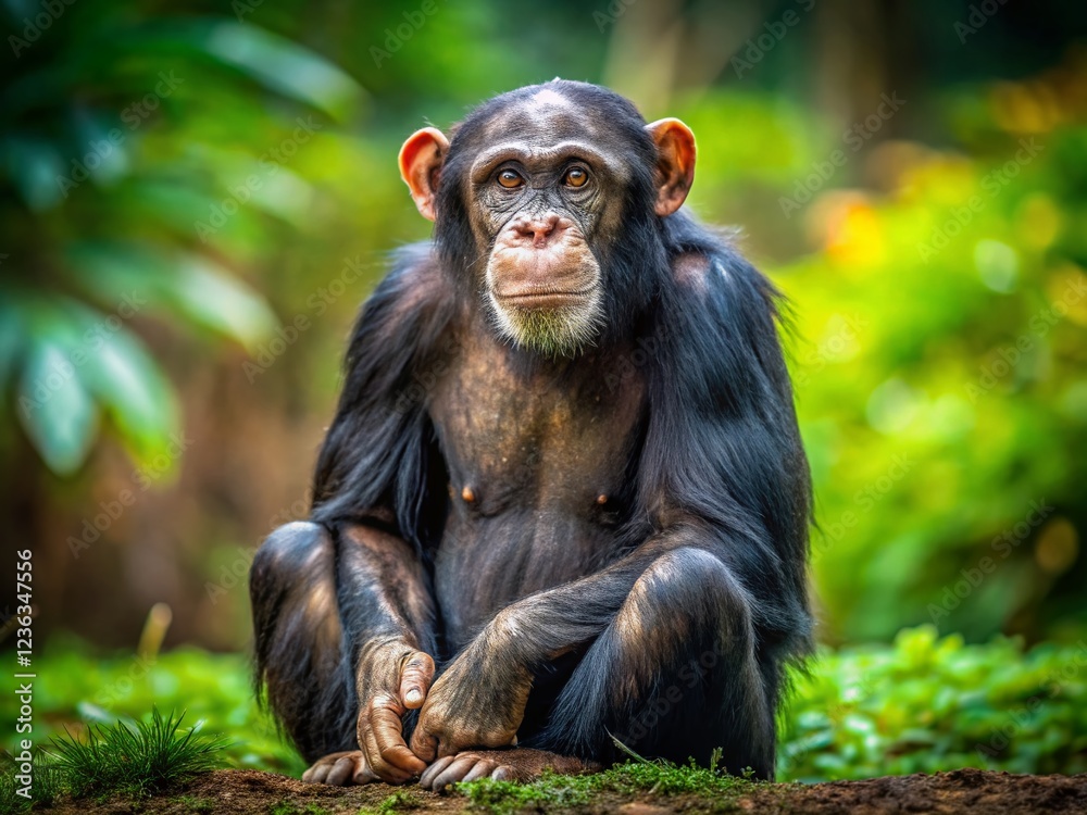 Close-up of a Chimpanzee Sitting on the Ground with Copyspace Close-up of a Chimpanzee Sitting on the Ground with Copyspace