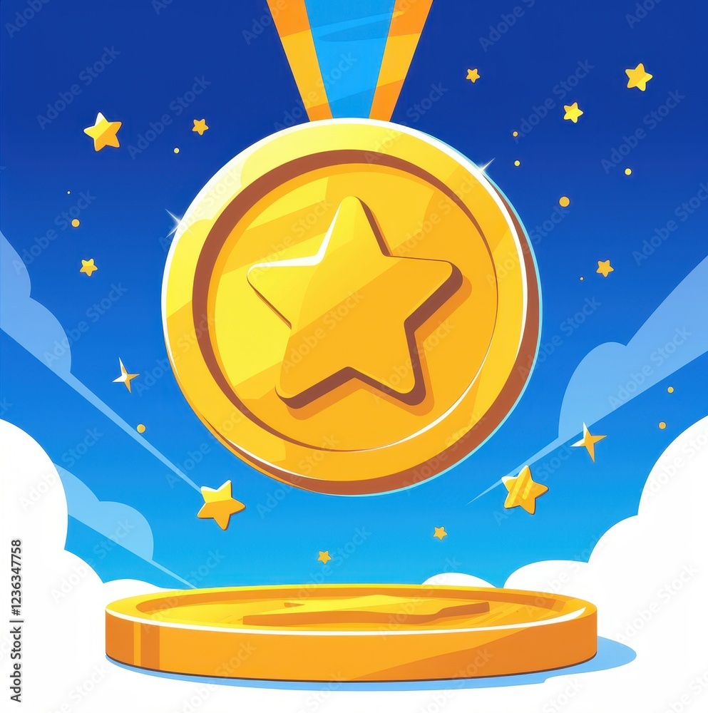Naklejka premium Golden Award Medal with Star Design Falling onto a Podium Achievement Success Victory