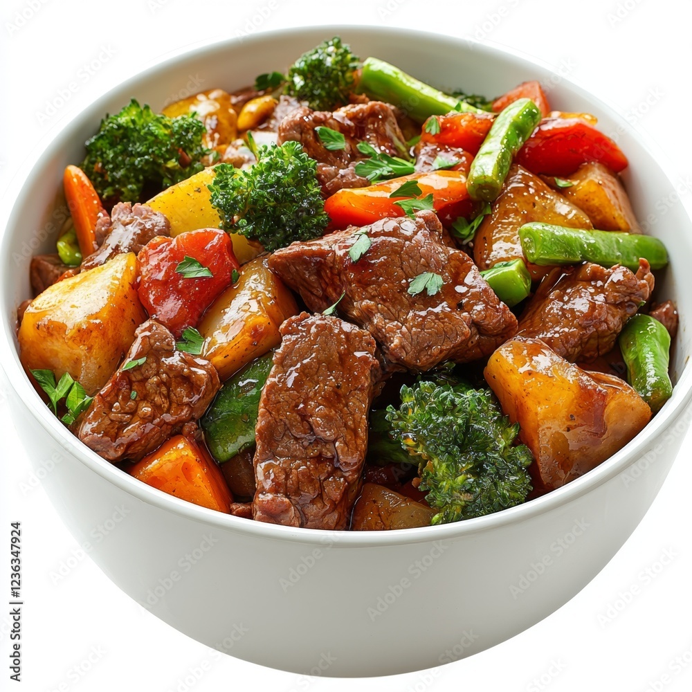 Colorful Vegetable and Beef Stir Fry in a White Bowl on a Bright Background Colorful Vegetable and Beef Stir Fry in a White Bowl on a Bright Background