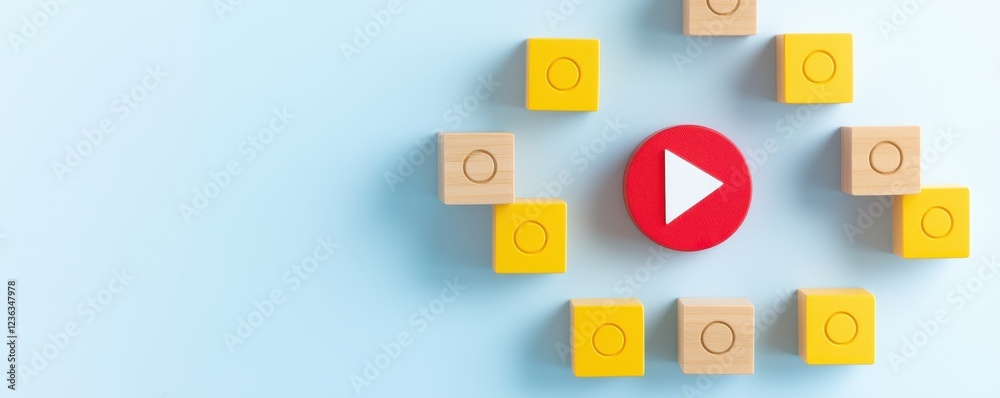 Colorful Play Button Surrounded by Wooden Blocks Colorful Play Button Surrounded by Wooden Blocks