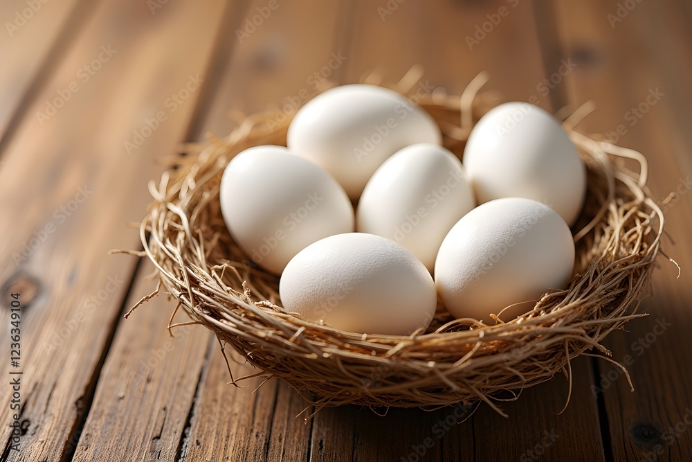 Fresh white eggs in rustic straw nest on wooden table Fresh white eggs in rustic straw nest on wooden table