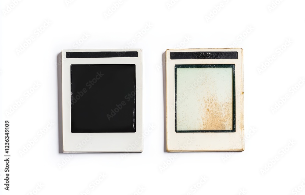 Blank and damaged photo slides, white background, memory, nostalgia Blank and damaged photo slides, white background, memory, nostalgia