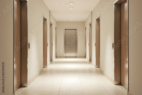 Modern elevator lobby with multiple stainless steel doors in brightly lit hallway