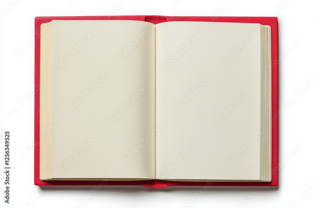 Open red notebook, blank pages, white background, design mockup Open red notebook, blank pages, white background, design mockup