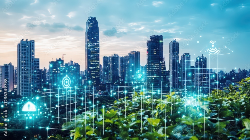 Futuristic city skyline with network connection overlay representing smart technology Futuristic city skyline with network connection overlay representing smart technology