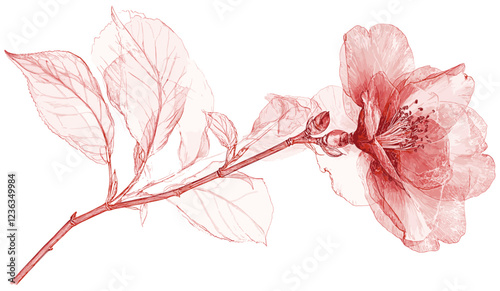 Soft pink and red camellia flower in vintage botanical art, beautifully detailed with intricate leaves and stems in a classic floral illustration