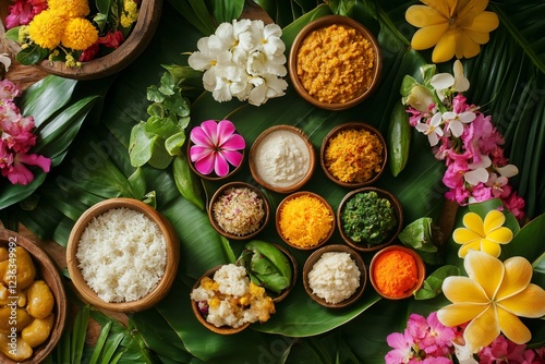 Traditional balinese dishes served on banana leaf with colorful flowers photo