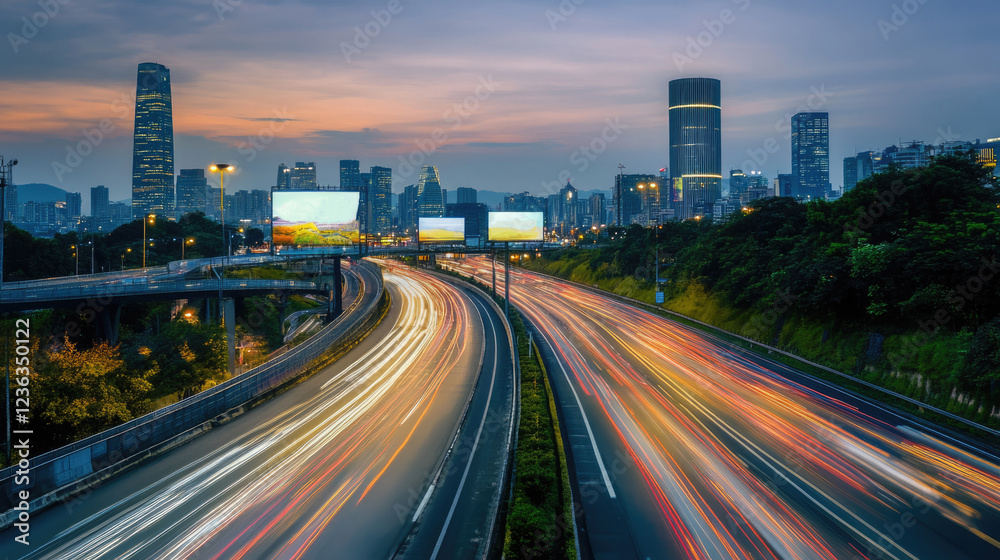 Obraz premium Busy city road junction time lapse. Cars drive fast along urban road, hurry home after work timelapse. Modern town with skyscrapers. High speed traffic highway. Aerial drone top view from above.