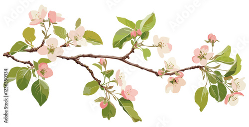 Pink flowers and green leaves on a vintage crabapple branch, perfect for adding charm to your festive design projects