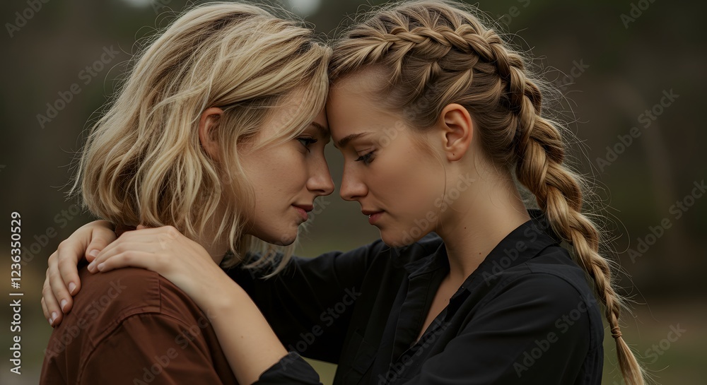 Fototapeta premium Two Women Embrace in Tender Moment Outdoor Portrait Photography