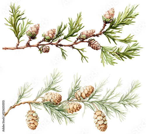 Soft green foliage and cones of a vintage cypress branch, a perfect way to enhance your Christmas decorations with natural, old botanical charm