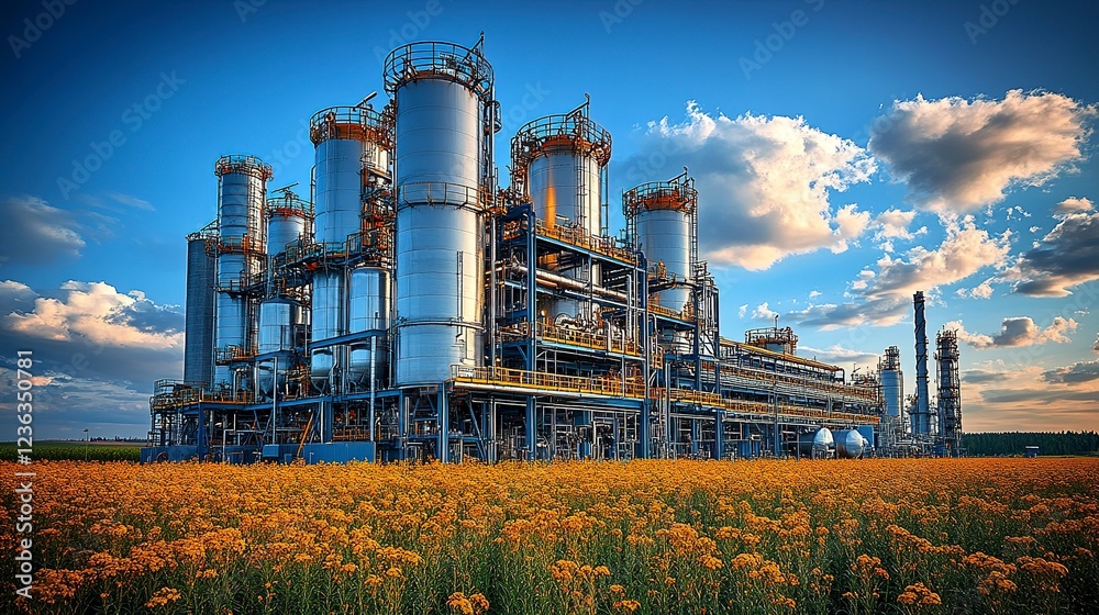 Industrial Plant Amidst a Field of Yellow Flowers Industrial Plant Amidst a Field of Yellow Flowers