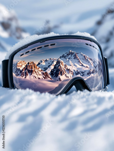 Professional Ski Goggles Featuring Mountain Landscape Reflection for Winter Athletes photo