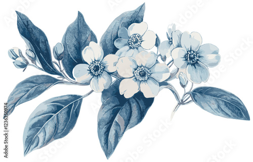 Intricate details of a forget-me-not flower in soft blue and white hues, presented in a vintage botanical illustration with delicate leaf patterns, creating a nostalgic floral design.